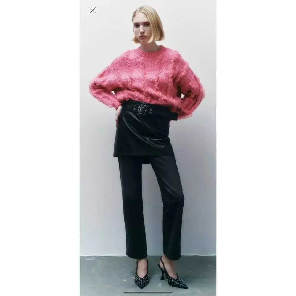 Zara Pink Ruffled & Lace Chunky Knit Sweater SZ Medium Girly Coquette Preppy - Picture 14 of 15